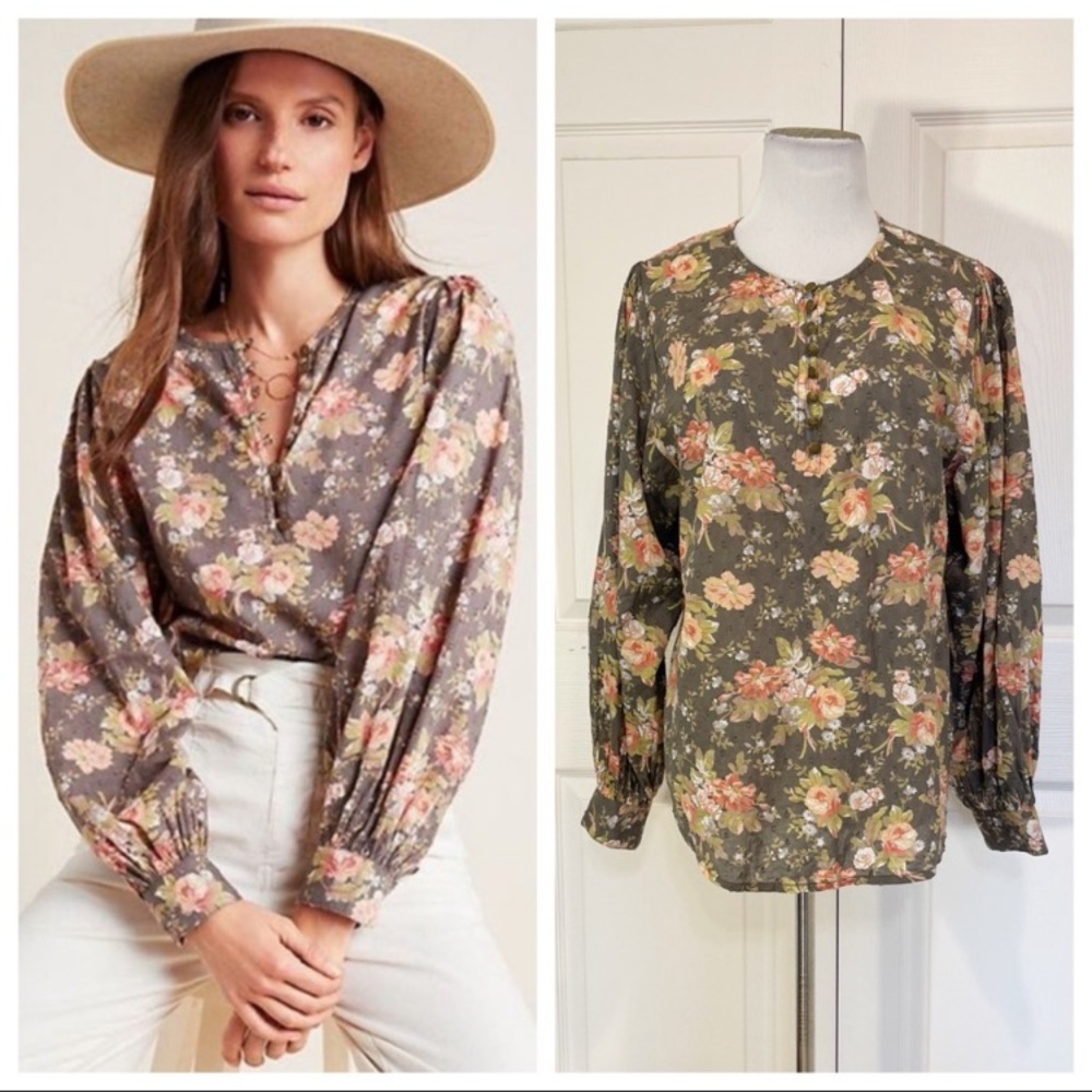 Anthropologie Floral Grey,  Brown, and Pink Feminine Blouse